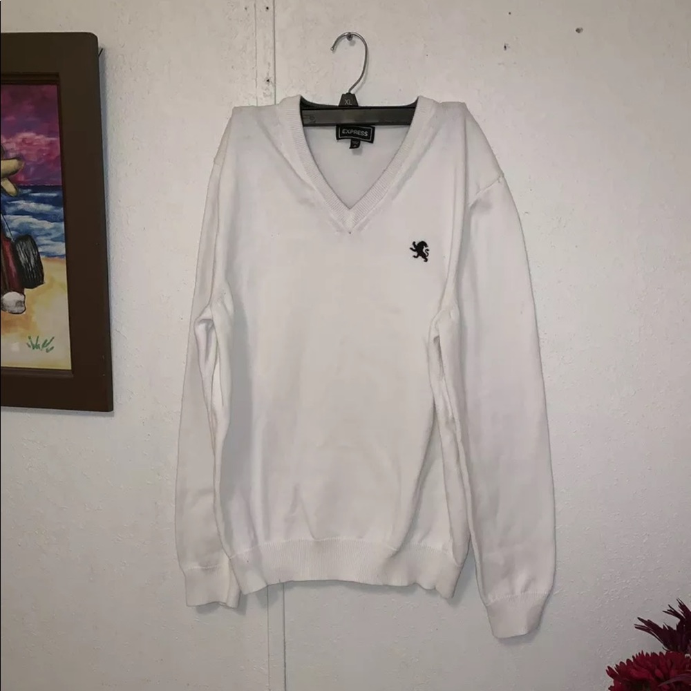 Express Men’s V-Neck Sweater White With Black Logo